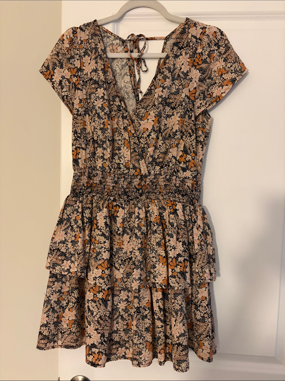American Eagle Floral Tiered V-Neck Mini Dress - Black & Mustard